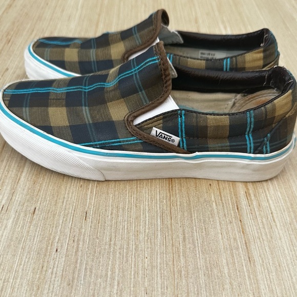 Vans Plaid Slip-On Sneakers Brown Teal Checkered Low Profile Shoes‎ - Picture 3 of 6